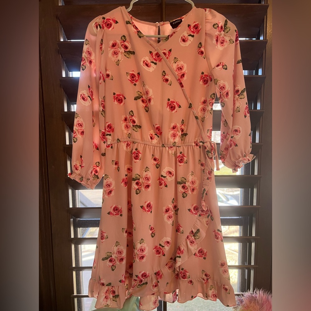 Girls floral faux wrap dress. Elastic waist
